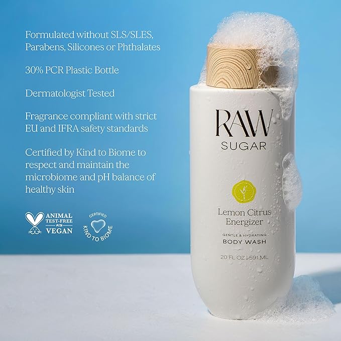 RAW SUGAR Lemon Citrus Energizer Gentle & Hydrating Body Wash, 20 Fl Oz (Pack of 3), Moisturizing & Energizing Bath & Shower Gel, Vegan, Formulated without SLS/SLES & Parabens
