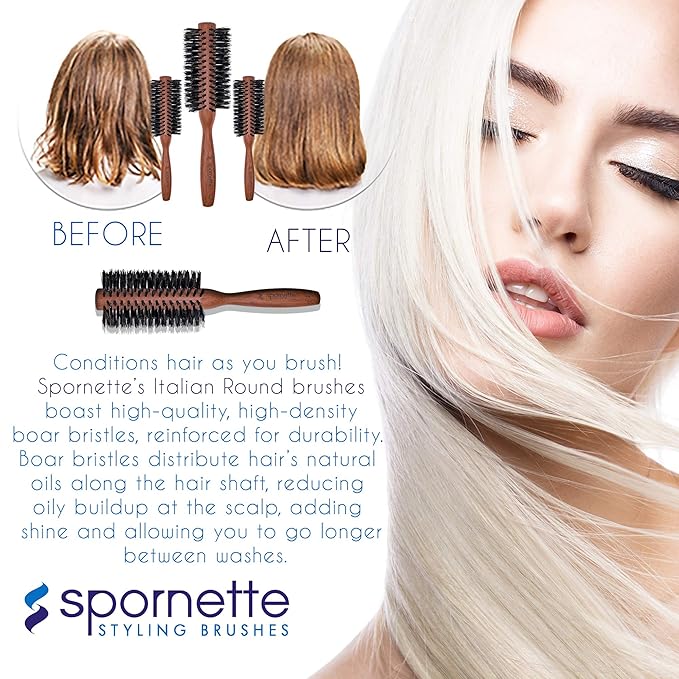 Spornette Italian Round Boar Bristle Brush - Large Round Brush for Blow Drying, Styling & Volumizing - Wooden Brush for Medium to Long Thick, Fine, Curly or Straight Hair (2.25 inch)