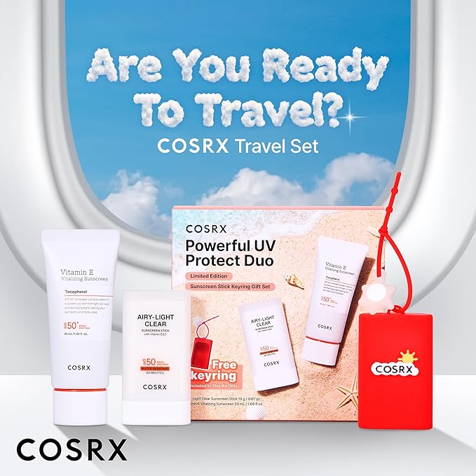 COSRX Vitamin E Sunscreen & Airy Light Clear Sunscreen Stick with Free Keyring, Amazon Exclusive, Korean Sunscreen, Beach Essentials, Summer Travel Essentials, Korean Skin Care Set