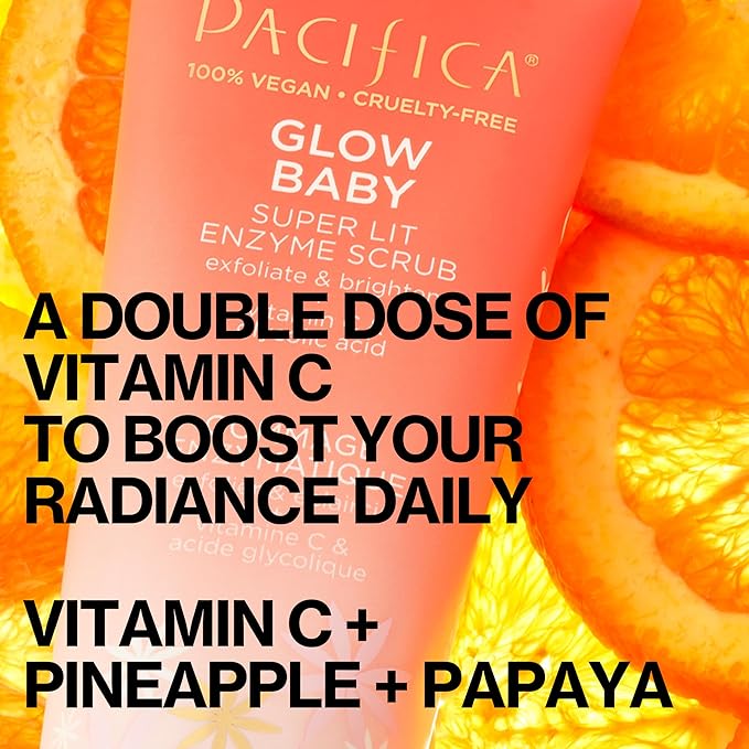 Pacifica Glow Baby Exfoliating Face Scrub, Brightening Enzyme Facial Cleanser w/Vitamin C & Glycolic Acid for Radiant Smooth Skin, Unclogs Pores & Removes Dead Skin, Microbead-Free Vegan (4 fl oz)