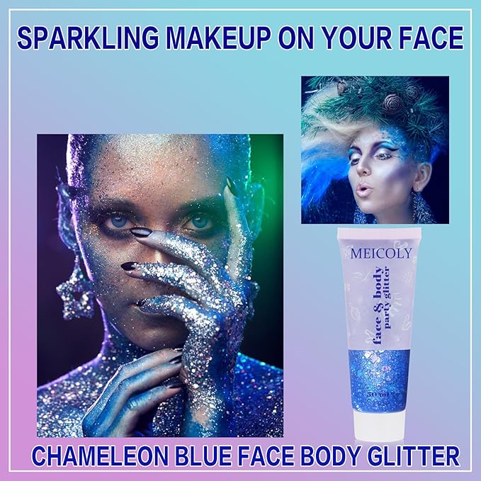 MEICOLY Chameleon Blue Hair Glitter,Holographic Chunky Face Glitter Gel,4th of July Outfits for Women, Patriotic Independence Day 4th of July Glitter Stick