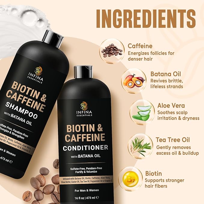 INFINA ESSENTIALS Caffeine Biotin Shampoo and Conditioner Set | Hair Thickening & Strengthening | 16 fl oz Each | with Batana Oil & Castor Oil | For Thinning Hair Care | Men & Women | Made in USA