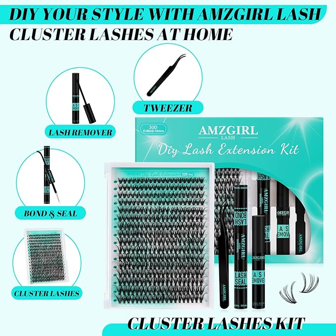 Lash Clusters Kit,DIY Individual Lashes Extension Kit,Lash Bond And Seal,Lash Remover For Eyelashes Extensions,Lash Applicator Tool For False Eyelash Cluster Kit（320PCS, 30D, 9-16mm）