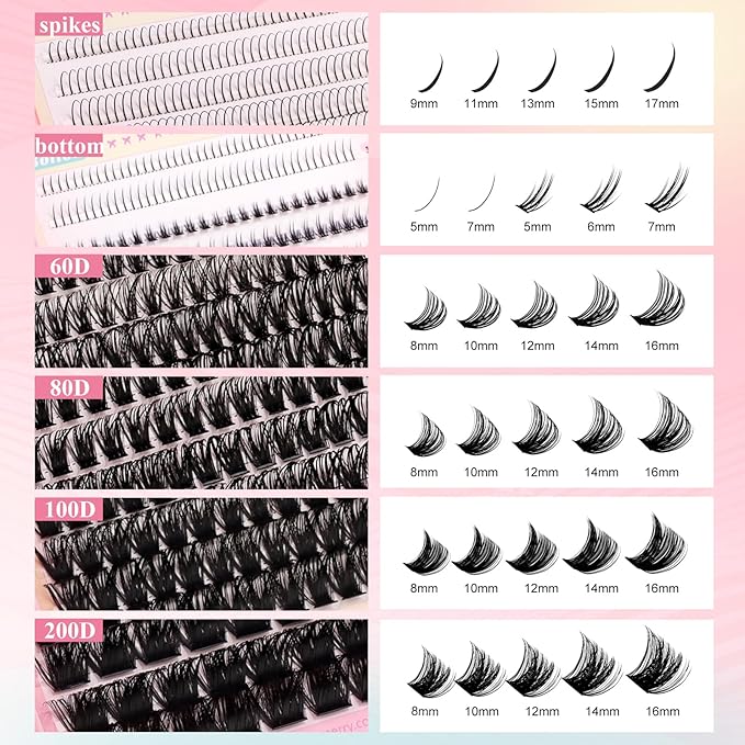 GEMERRY 4-in-1 Eyelash Extension Kit Spikes Clusters and 2 Styles Bottom Lashes 60D/80D/100D/200D Cluster Eyelash Extensions with Bond and Seal and Tweezers(8-16mm)