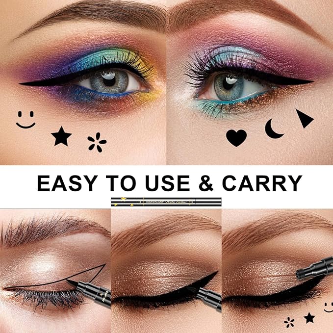 6 Pcs Double-headed Eyeliner Stamps Set Black Liquid Eye Liner Pen With Star,Moon,Heart,Flower,Smiley,Triangle Stamp Stencils Shapes for Women Makeup Kit Long-Lasting Waterproof Smudgeproof