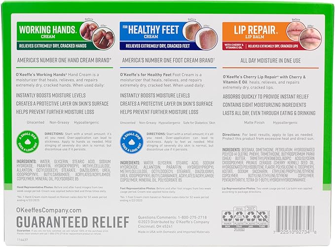 O'Keeffe's Giftbox Including Lip Repair with Cherry and Vitamin E Oil Stick, Working Hands Jar and Healthy Feet Jar, Gift Idea for Moms, Fathers, Caretakers, and More
