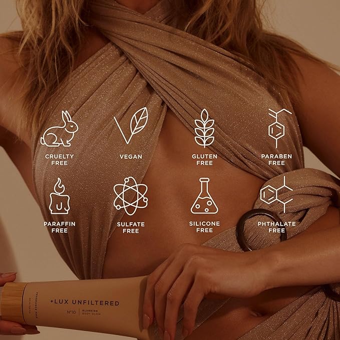 + Lux Unfiltered N°10 Blurring Body Glow Lotion - Instant Body Shimmer Lotion that Blurs Imperfections and Hydrates with Shea Butter, Squalane & Vitamin C - Vegan, Cruelty Free, Fragrance Free