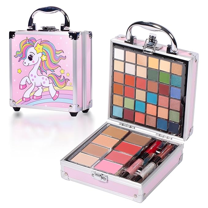 Hot Sugar Girls Makeup Kit for Teenagers 13-15 Includes Eyeshadow Lip Gloss Blush Highlighter Contour Brush (Pink Unicorn)