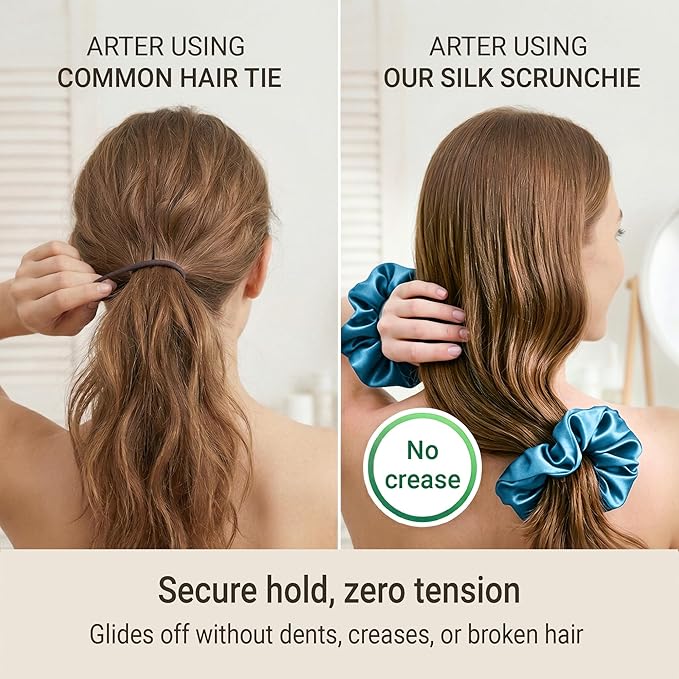ZLYC 100% Mulberry Silk Hair Tie Scrunchie 19 Momme Gentle Creaseless Dent-Free Ponytail Holder for Women, 6cm Solid Peacock Blue