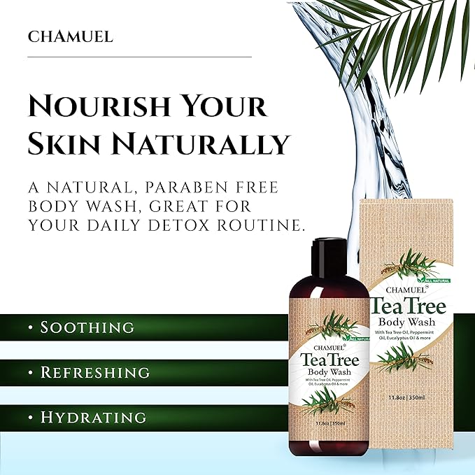 Chamuel Tea Tree Antibacterial Body Wash with Peppermint & Eucalyptus Oil - Natural Daily Shower Gel for Itchy Skin, Body Odor & Foot Care for Men & Women, Non-GMO (11.8oz)