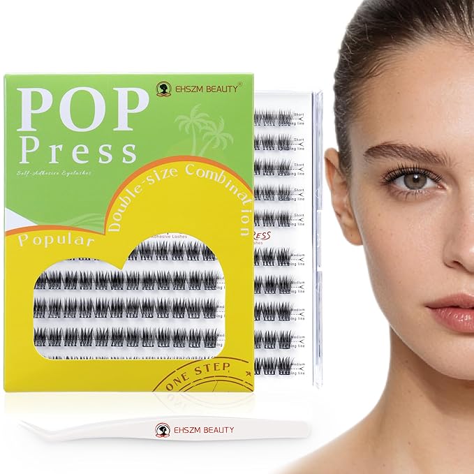 POP PRESS 10-12mm Go-To 2-in-1 Self-Adhesive Lash Clusters Kit, 1-Minute Pre-Glued Press-On, Natural Wispy Subtle Volume, Includes Tweezers, All-Day No-Fall, Ideal for Everyday Runs