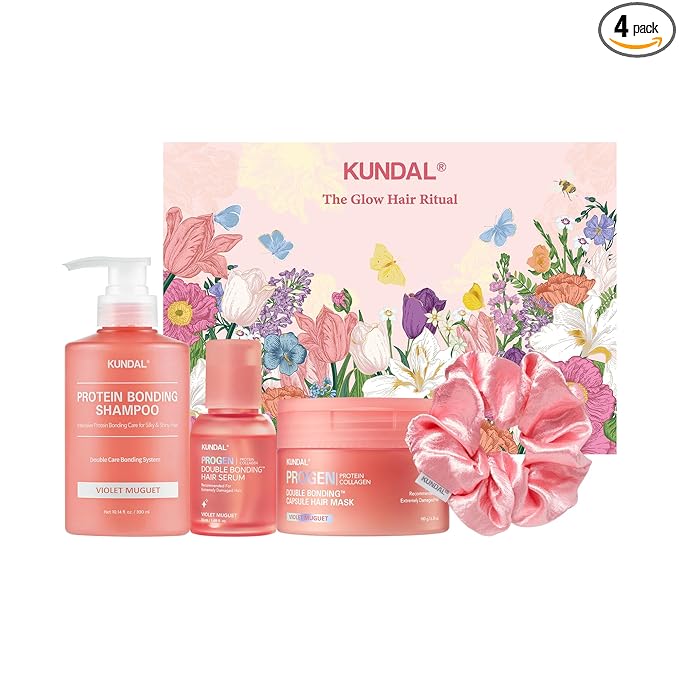 KUNDAL Protein Bonding Shampoo, Hair Mask, Serum Set, Damage Repair Care, Protein Bonding System, Heat Protection, Shine Boost, Violet Muguet, 300ml+200ml+50ml