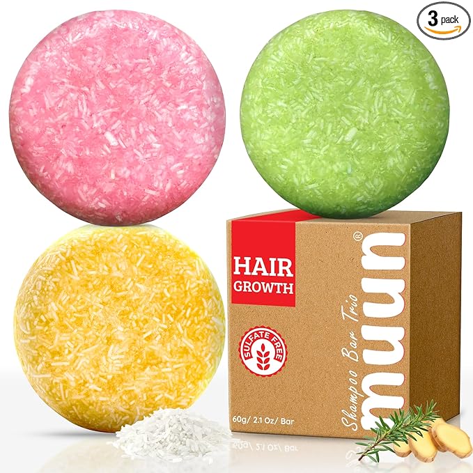 Ginger Rosemary & Rice Water Shampoo Bar Pack 3 - Hair Growth, Thickening, Strengthening, Anti Hair Loss, Volumize & pH Balanced - Sulfate & Silicone Free For All Hair Type