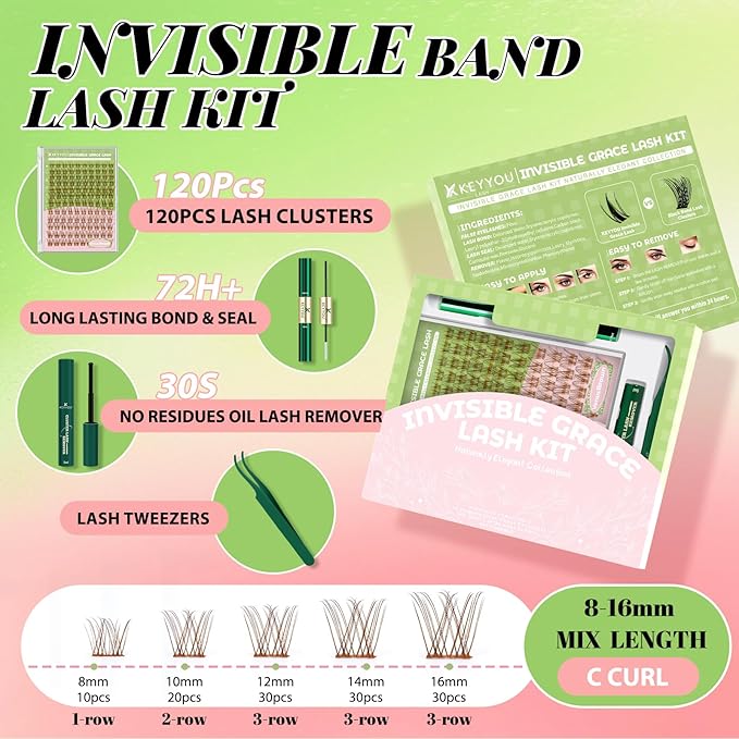 KEYYOU Venus Brown Lash Clusters Kit Fairy Lash Extension Kit C Curl 120Pcs Eyelash Extension Wispy Natural Invisible Band Lash with Waterproof DIY Lash Extension Kit at Home(Venus Brown-C-8-16MIX)