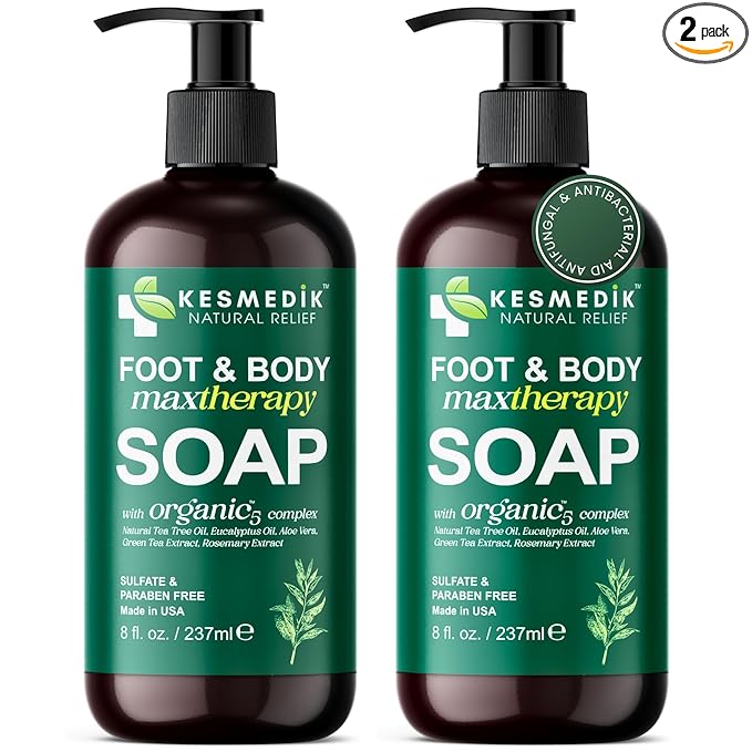 KESMEDIK Tea Tree Oil Soap Body Wash with Peppermint for Foot & Body, Antifungal & Antibacterial Support Cleanser, Helps Soothe Ringworm, Athlete’s Foot, Jock Itch, Acne & Body Odors, 2-Pack