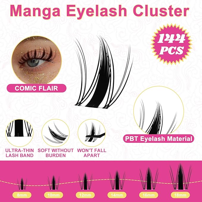 Fowendia Manga Lash Clusters Wanna Be 8-18mm Fairy Eyelash Clusters DIY Lash Extension Invisible Band 0.3mm Wispy Natural Individual Cluster Eyelash Extensions