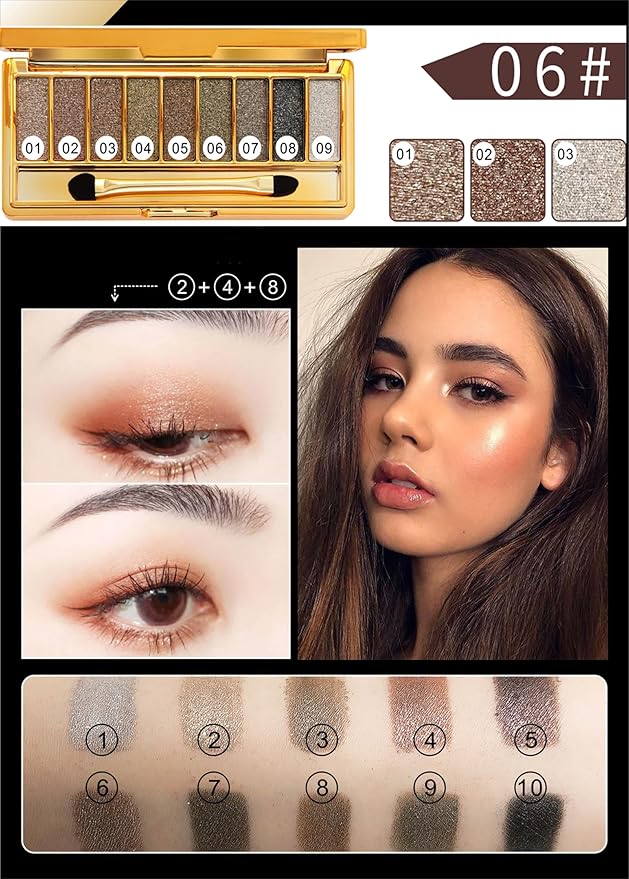 Glitter Eyeshadow Palette, 9 Colors Sparkle Shimmer and Matte Eye Shadow, Highly Pigmented Waterproof Long Lasting Makeup Set (Color 6)