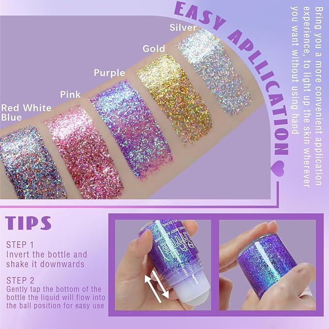 HOSAILY Roll-on Holographic Body Glitter Gel for Face Hair, Chameleon Color Changing Glitter Gel Under Light, Chunky Mermaid Sequins Festival Party Rave Accessories Shimmer Makeup (Purple)
