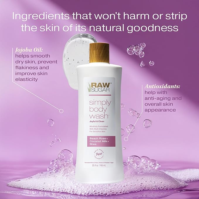 RAW SUGAR Simply Body Wash, Beach Rose + Coconut Milk + Shea (25 Fl Oz, Pack of 3) Sensitive Skin Bath Soap, Formulated without Sulfates & Parabens…