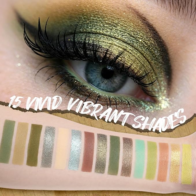 UCANBE 15 Color Eyeshadow Palette Matte Shimmer Metallic, Olive Green Earth Tone Highly Pigmented Long Lasting Blendable Eye Makeup Palette for Natural to Bold Looks