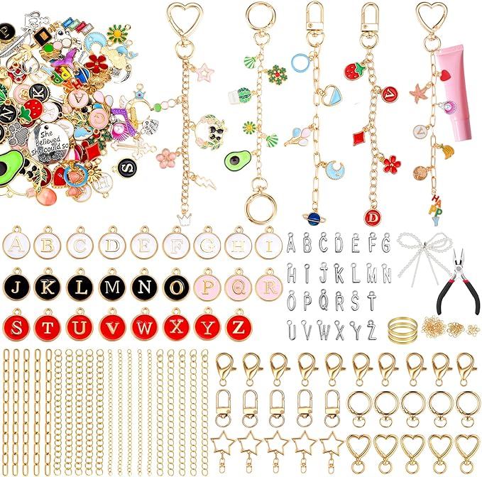 DRHWEFSQ 325Pcs Lip Gloss Keychain Making Kit, DIY Jewelry Supplies with 118 Charms, 25 Extender Chains, 30 Clips, 150 Jump Rings & Plier for Custom Keychains, Bags, Handmade Gifts