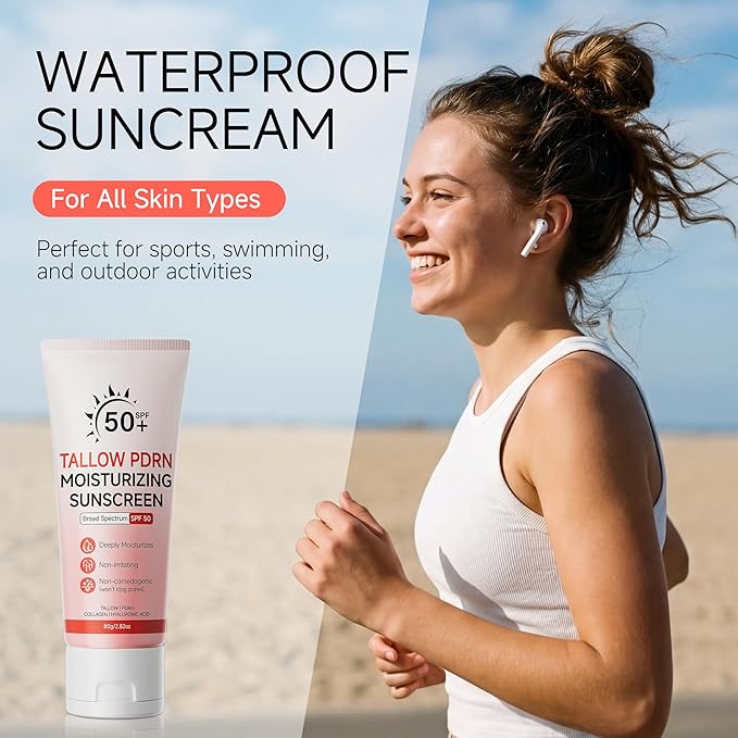 Beef Tallow Sunscreen with Non-Nano Zinc Oxide, Mineral Sunscreen SPF 50 for Face and Body, Salmon PDRN Sunblock Moisturizing Sun Screen for Sensitive Skin & Kids, 2.82 OZ (80g)