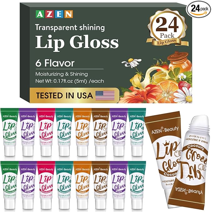 AZEN 24 Pack Lip Gloss Set, Clear Lip Gloss Bulk, Lip Oil for Dry Cracked Lips Moisturizing Hydrating Nourishing with Vitamin E, Mothers Day Gifts for Women
