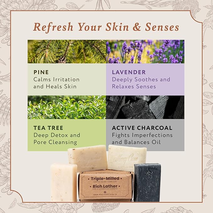 Mary Case Variety Bar Soap Set of 8 | Lavender, Pine Tar, Tea Tree & Charcoal Natural Soap Bars | Vegan Bath Soap for Men & Women | Deep Hydrating & Nourishing Skin Care Collection