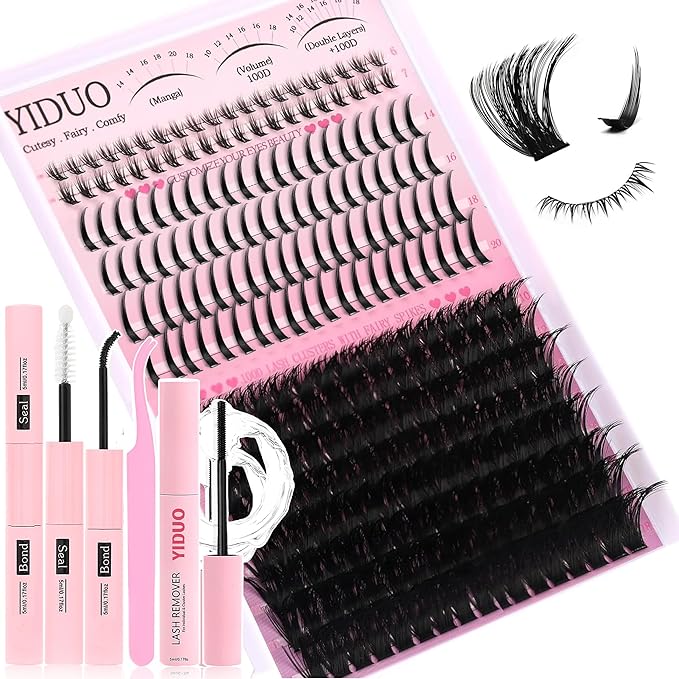 YIDUO Lashes Clusters Kit Bottom Lashes with Spikes 100D Cluster Eyelash Extensions Kit 10-120mm Volume Manga DIY Individual Strips Lashes Thick with Lash Bond and Seal Tweezers Remover