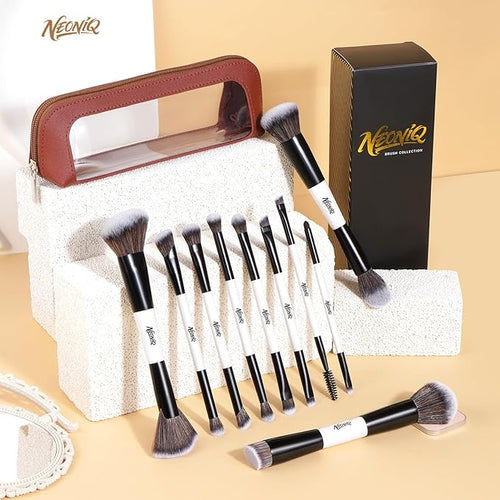 10 PCS Travel Makeup Brush Set With Bag, Makeup Brushes, Double-End Multi-functional Brushes for Foundation Powder Blush Eyeliner Eyeshadows, Professional Face Brush Set（White）