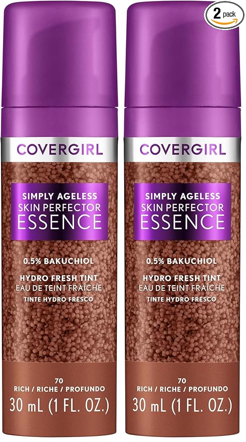 Covergirl Simply Ageless Skin Perfector Essence Foundation, 70 Rich, Tinted Skincare Makeup Hybrid, Sheer Tint, Radiant Finish, Glowy Finish, Vegan Formula, 1.0oz (Pack of 2)