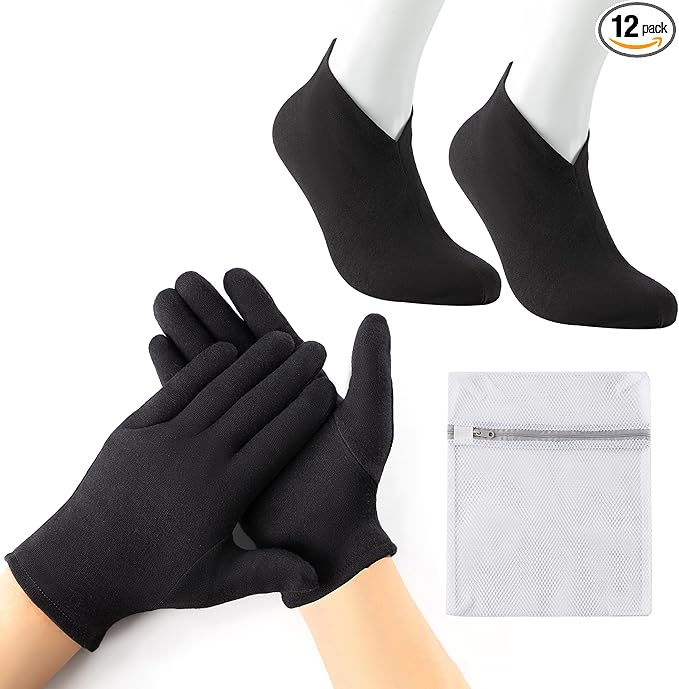 12 Pairs Cotton Moisturizing Gloves and Socks Set (1 Washing Bag, Loose Fit), Dry Hands Feet Overnight Lotion SPA Treatment, Eczema Skin Friendly, Breathable and Soft Glove Liners, Black