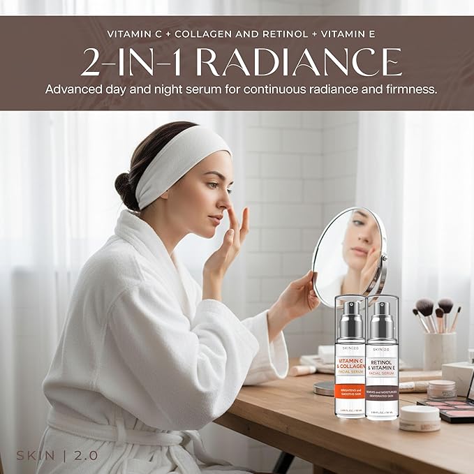 Skin 2.0 Retinol & Vitamin E + Collagen & Vitamin C Serum For Face – Dermatologist Tested, Anti Aging, Korean Skin Care – Smooths Lines, Firms, Hydrates, Revitalizes – Vegan, Clean Beauty – Pack of 2