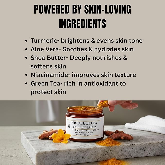 Turmeric Body Scrub- Exfoliating Sugar Scrub for Glowing Skin, Brightening & Dark Spot Care, Smooths Texture, Radiant Renew, 16 oz