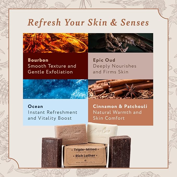 Mary Case Men's Bar Soap Variety Set of 4 | Oud, Ocean, Cinnamon & Patchouli, Bourbon Scented Soaps with Olive & Coconut Oils | Bath Soap for Men | Deep Cleansing & Nourishing Dry Skin