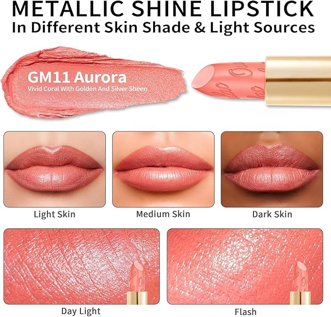 Oulac Matte Coral Lipstick with Glow Metallic Finish - Vegan Lipstick for Women, Creamy Texture, Hydrating Clean Beauty Formula, High-End Magnetic Hook Design, GM11 Aurora