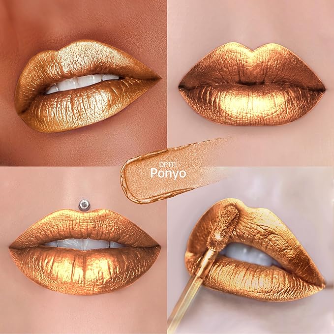 Depuplum Gold Lipsticks for Women Metallic Lipstick Long Lasting Shimmer Lip Gloss Metal Shine Glitter Waterproof Lipsticks Full Coverage Lip Color for Mother's Day,DP111 Ponyo