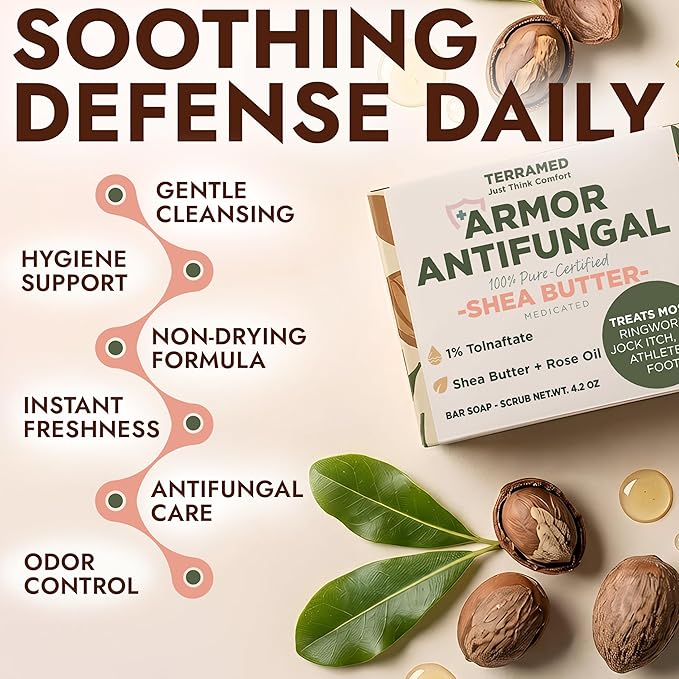 Antifungal Soap Infused with Shea Butter & Rose Oil | Medicated Jock Itch Treatment Helps Fight Ringworm & Athlete’s Foot | Tolnaftate 1% Antifungal Soap for Deep Cleansing | Pack of 2 Bars with Case