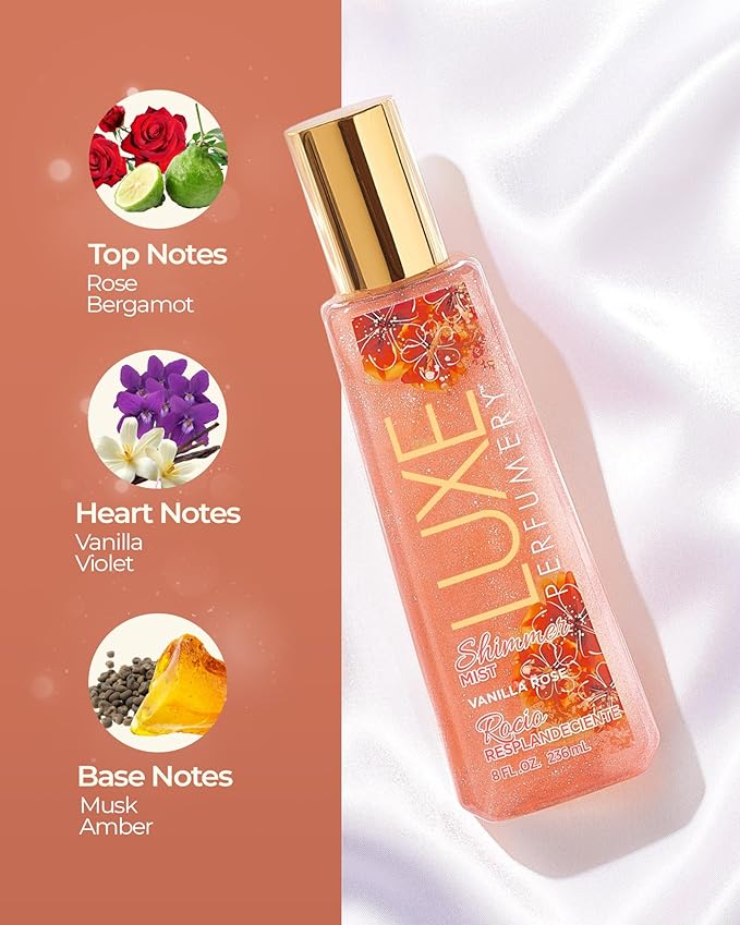 Luxe Perfumery Vanilla Rose Shimmer Body Mist – Body Glitter Spray with Soft Floral Vanilla, Rose, Bergamot & Violet Notes, Radiant Glow Shimmer Spray for Women, Gift for Her, Made in USA, 8 fl oz