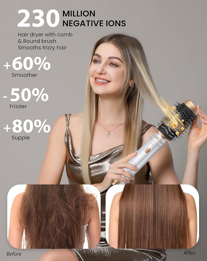 Ukliss 6 in 1 Hair Dryer Brush, Hot Air Brush & Styler with ALCI Safety Plug, Ionic Blow Dryer Brush for Frizz Free Salon Blowout, Volumizing & Auto Curls, for All Hair Types