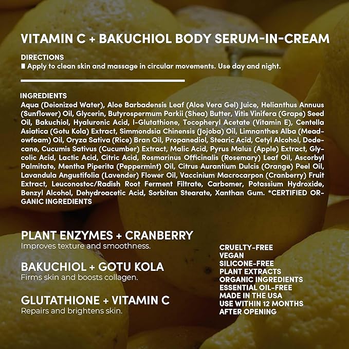 Fitglow Beauty Vitamin C + Bakuchiol Body Serum-in-Cream | Anti-Aging Body Skincare | Smooths, Firms & Hydrates for Radiant Skin | Plant-Based Retinol Alternative | 200ml / 6.8oz