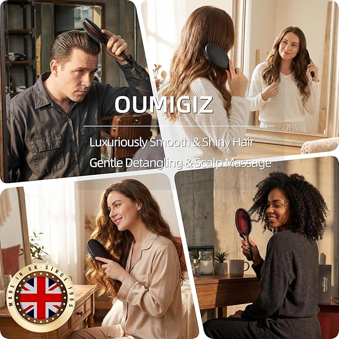 Boar Bristle Hair Brush Since 1965 British Craftsmanship, Handmade Natural Wood Slick Back Hairbrush, Gentle Detangling Smoothing Women Men Kids Curly Thick, Fine Hair