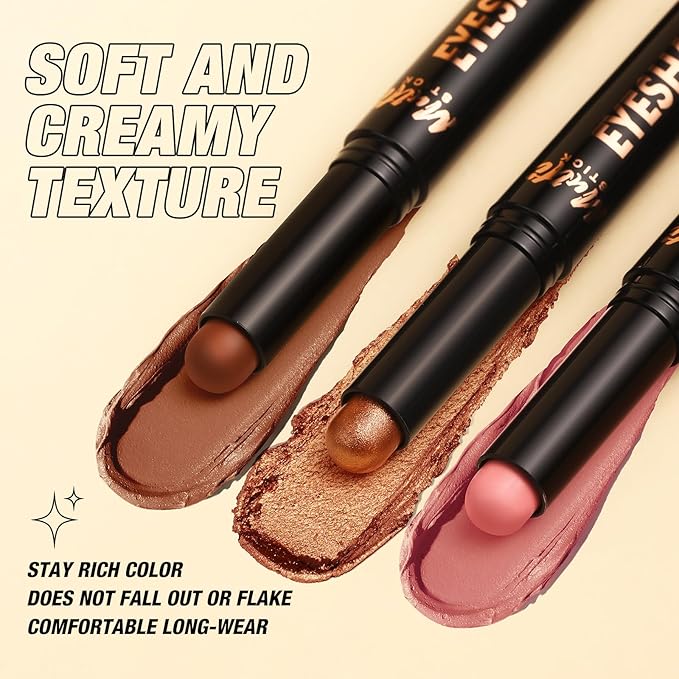 LANGMANNI 4Colors Dual-Ended Cream Eyeshadow Stick Set – Silky Smooth, Waterproof & Transfer-Proof, Built-in Blender Brush, All-Day Matte & Shimmer Wear Eye Makeup(#9+10+11+12)