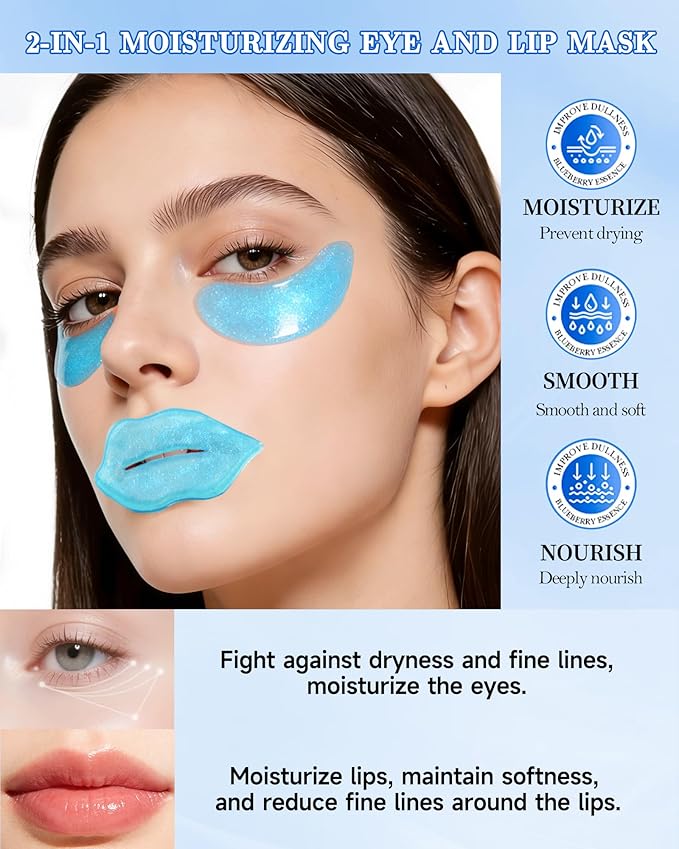 Lip Eye Mask Kit,8 Pcs Blueberry Crystal Collagen Under Eye Patches for Dark Circle Puffiness Dry Line,Hydrating Moisturizing Skincare Lip Mask Eye Pads,Mother’s Day Skin Care Product for Women-Set B