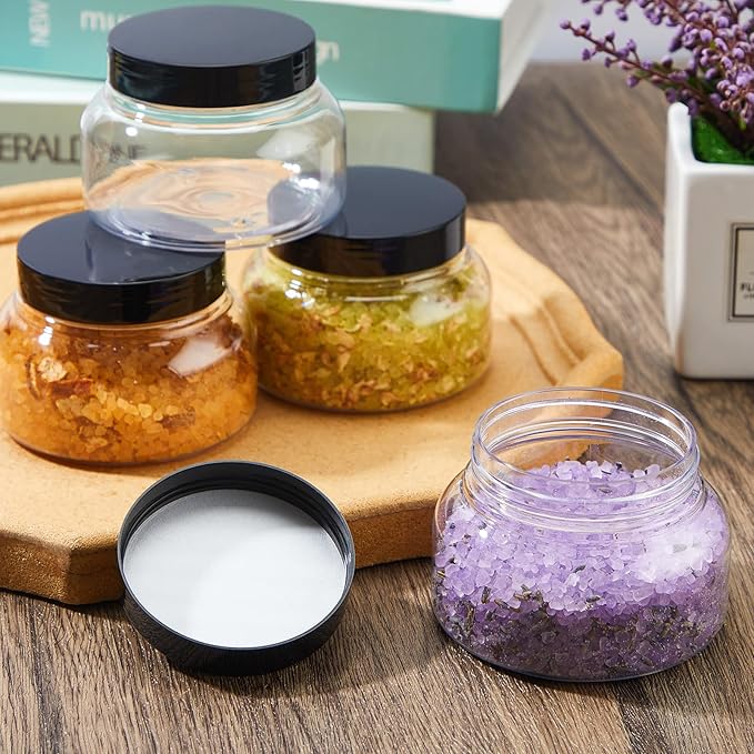 Tessco for you 24 Pack Plastic Jars with Lids Labels Multiuse Slime Containers Empty Body Scrub Jars Round Refillable Cosmetic Body Butter Container for Makeup (8 oz,Clear,Black)