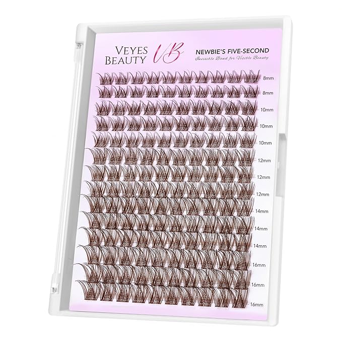 VEYESBEAUTY Brown Lash Clusters Individual Eyelash Extensions Thin & Invisible Band DIY False Eyelashes for Self-application Newbie's Five-Second Series Wispy Lash Tray, LuxeBold 8-16mm Mixed Length