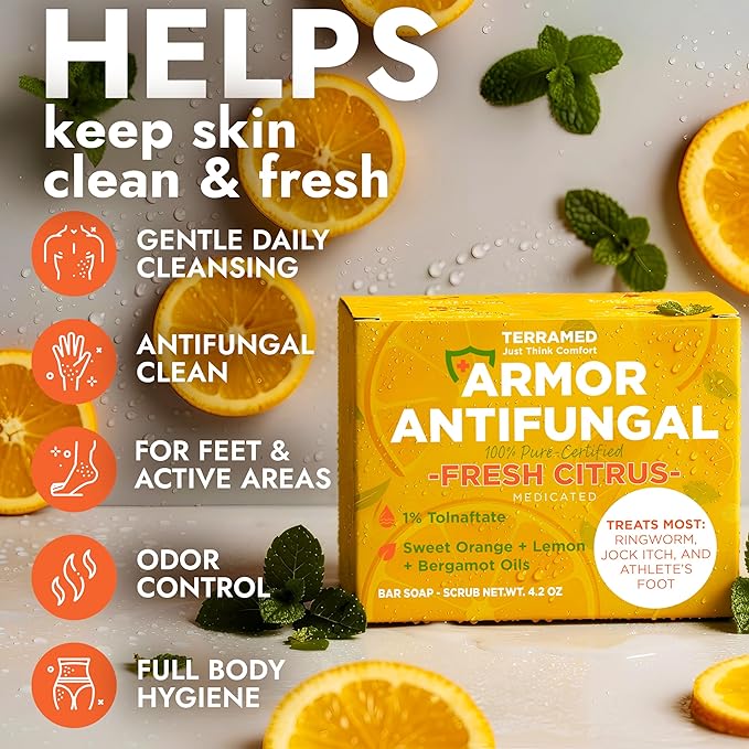 Antifungal Soap with Lemon Oil | Medicated Jock Itch Treatment Helps Fight Ringworm & Athlete’s Foot | Tolnaftate 1% Antifungal Cleansing Bars with Scrubber Infused with Sweet Orange & Grapefruit Oil