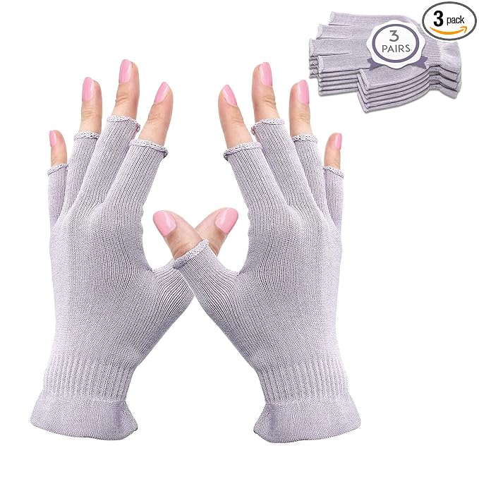 MIG4U 3 Pairs Fingerless Moisturizing Gloves, Half Finger Touchscreen Beauty Glove for Eczema, SPA, Dry Hands, Skin Treatment, Summer Sun UV Protection, Pale Purple, L/XL