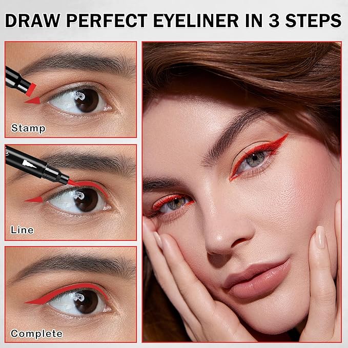 4PCS Red Eyeliner Stamp,Double-headed Red Liquid Eyeliner Pencil for Eye Makeup,Long-lasting Delineador de Ojos Contra el Agua (Star,Triangle,Flower,Heart Eyeliner Stamp)