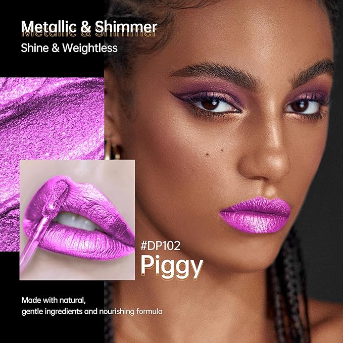 Depuplum Purple Lipsticks for Women Metallic Lipstick Long Lasting Shimmer Lip Gloss Metal Shine Glitter Waterproof Lipsticks Full Coverage Lip Color for Mother's Day,DP102 Piggy